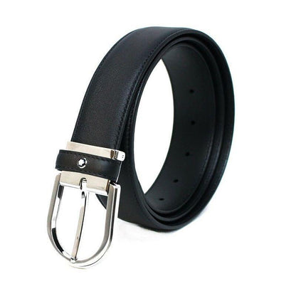 Montblanc Black Silver Buckle Leather Belt